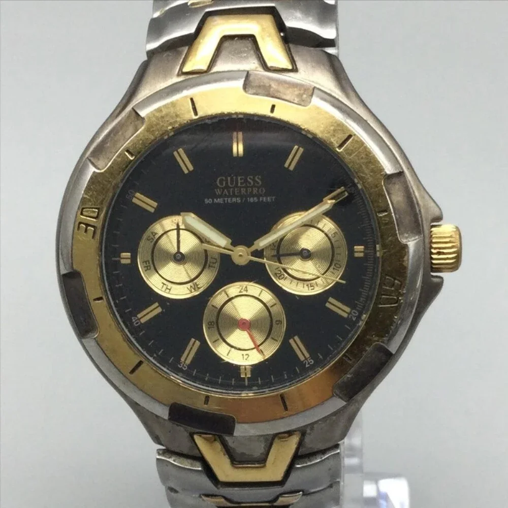 Guess Waterpro Mens Watch 37mm Black Dial Two Tone Multi Dial New Battery 7